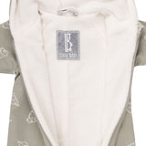 Sage green hooded fleece baby romper with elephants by Lenne, view 2