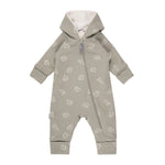Sage green hooded fleece baby romper with elephants by Lenne
