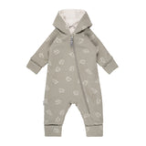 Sage green hooded fleece baby romper with elephants by Lenne