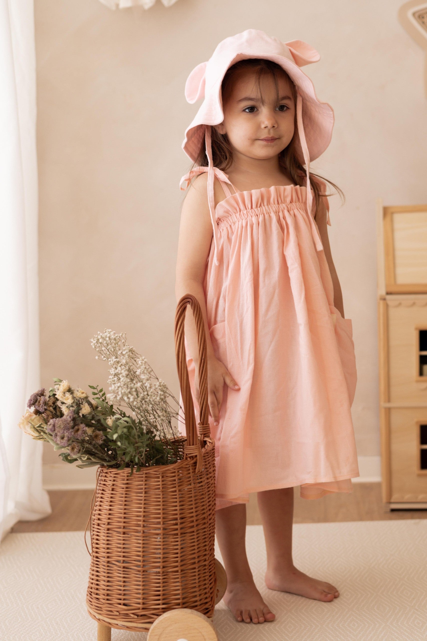 Kids Muslin Dress Milka, Peach, sizes 104 to 134