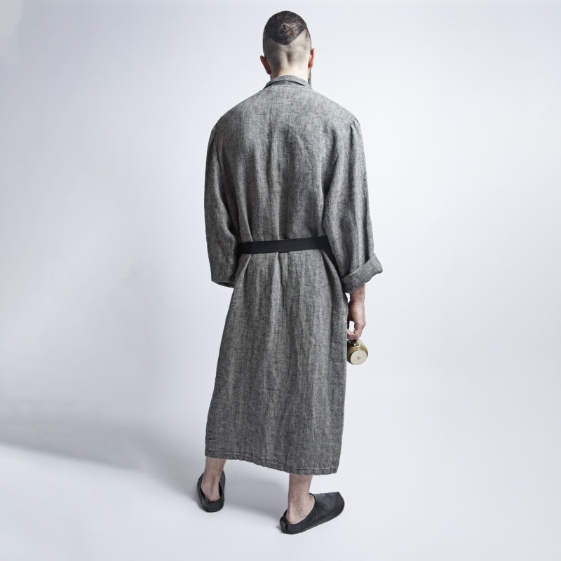 Unisex linen bathrobe in black herringbone, prewashed and softened