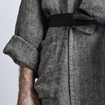 Unisex linen bathrobe in black herringbone, made in Estonia by KOOSdisain
