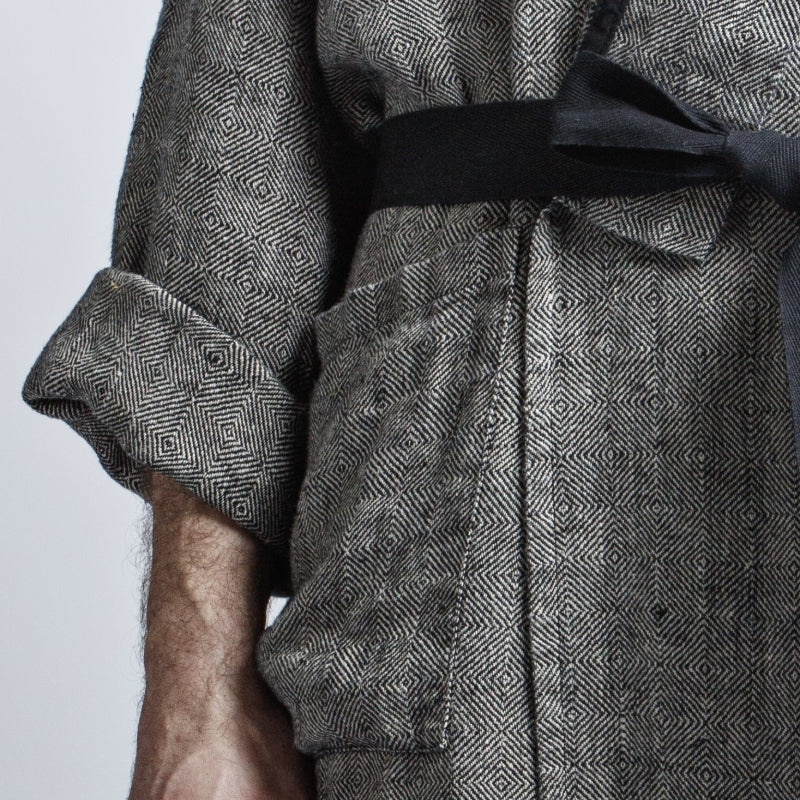 Unisex linen bathrobe in black herringbone, made in Estonia by KOOSdisain