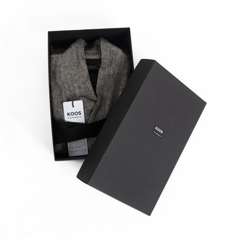 Unisex linen bathrobe in black herringbone, 100% linen, herringbone weave, back length 130 cm