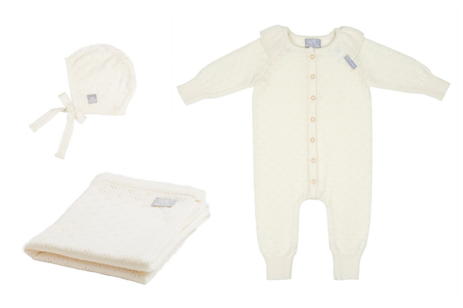 Merino Wool Baby Set LOVE - Blanket, Romper, Bonnet - Snøluv