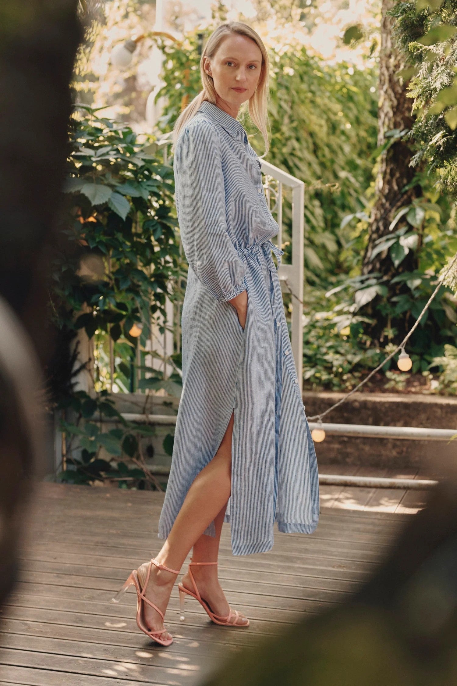 Linen Dress Women – Blue Stripe, Belted, 100% Linen – Snøluv