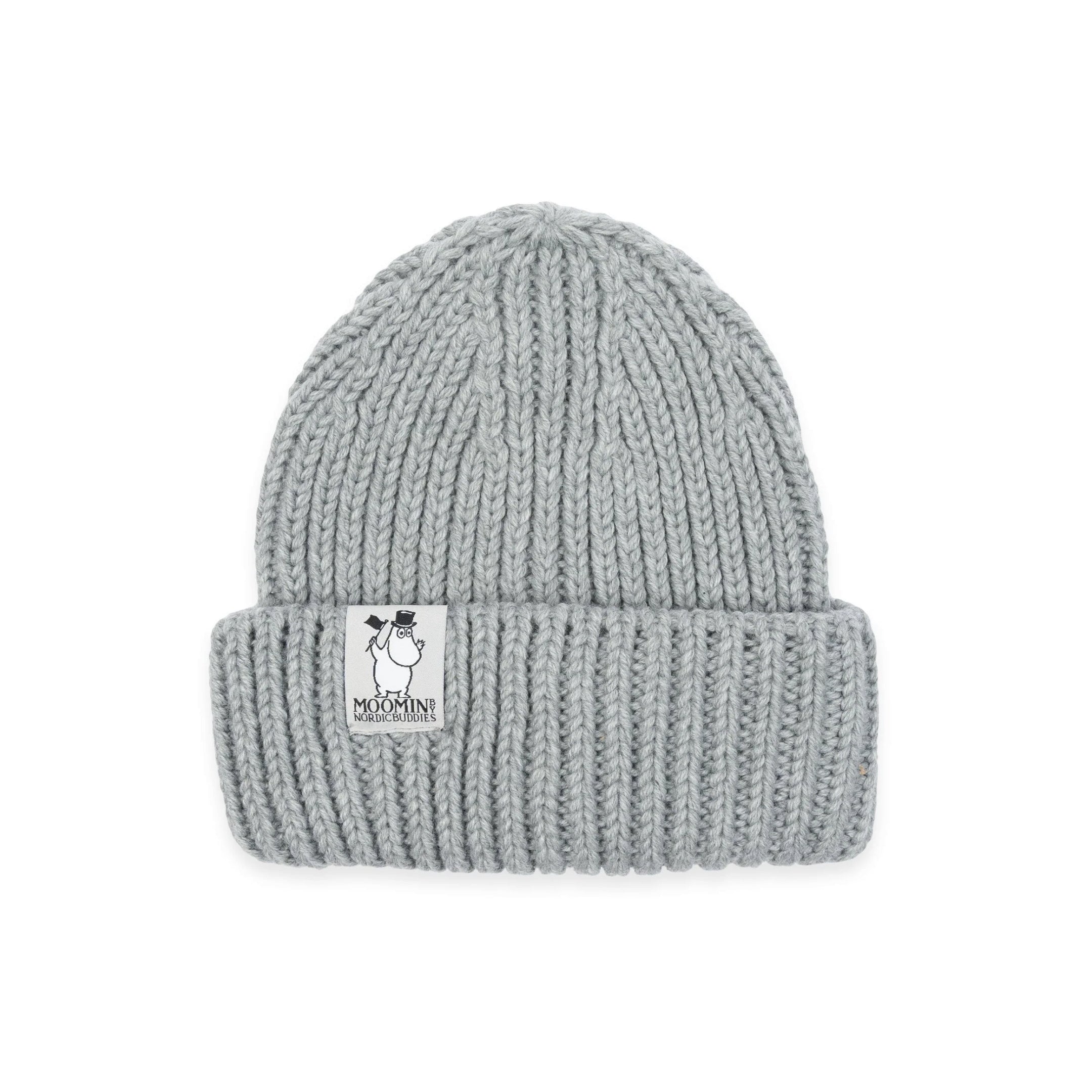 Heather grey Moomin beanie with Moominpappa label, adult one size