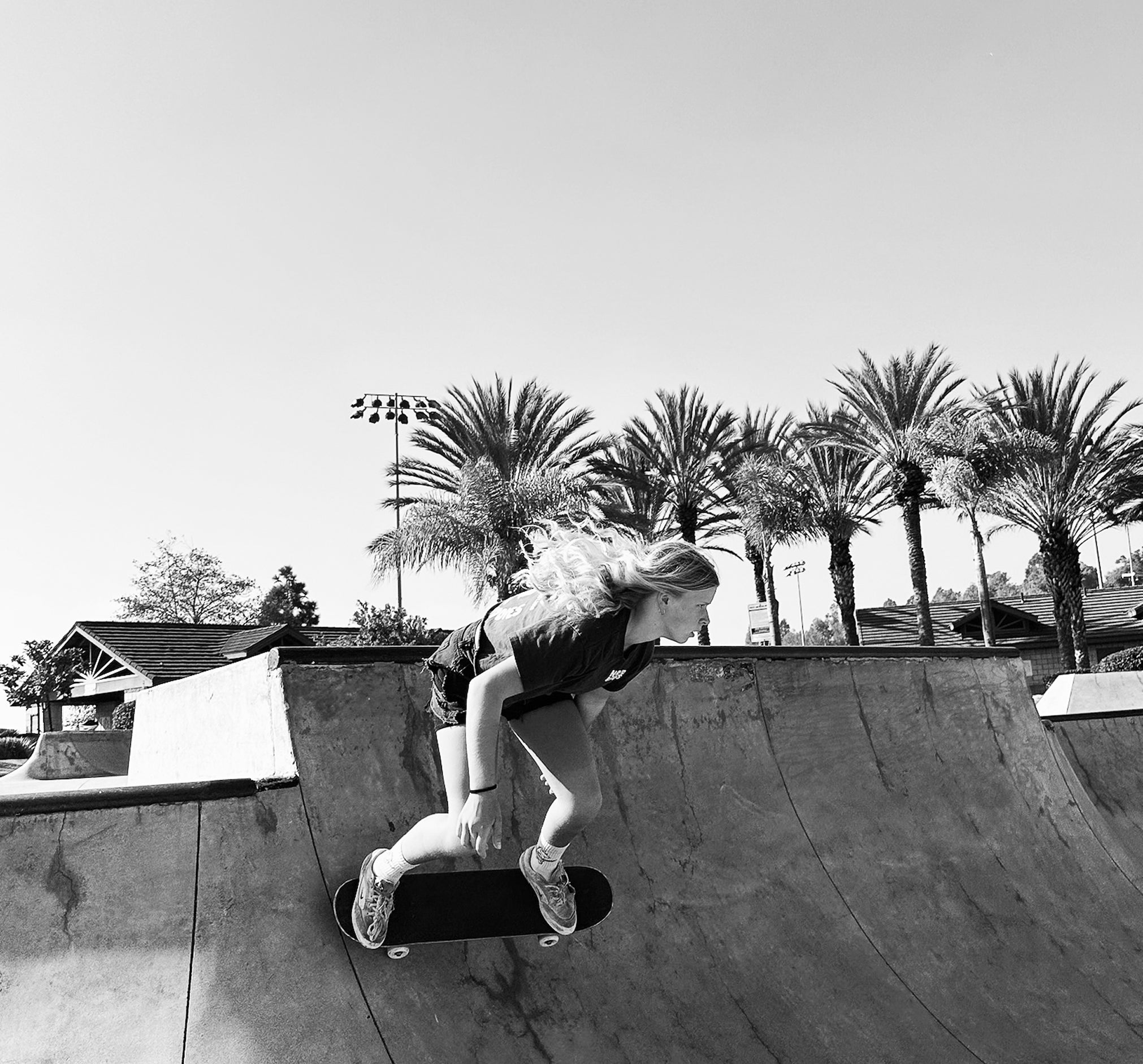 Skateboarder in a black tee dropping into a bowl at a palm-lined skatepark