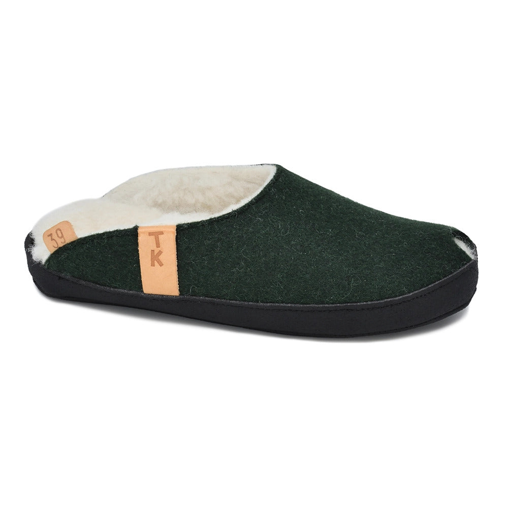 TOKU Brussels wool slippers in dark green, lambswool lined, 100% lambswool felt, view 6 of 6