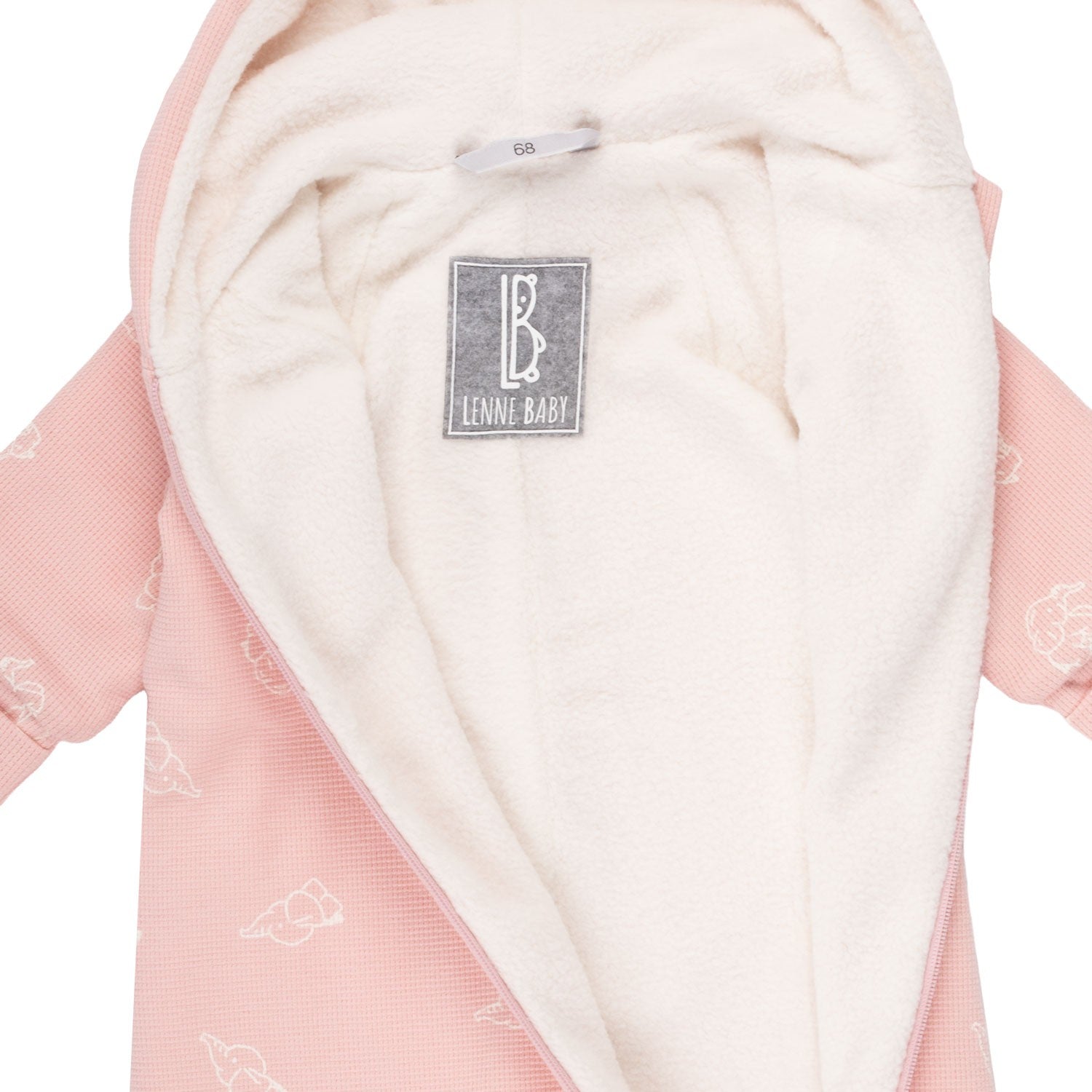Dusty pink hooded fleece baby romper with elephants by Lenne, view 2