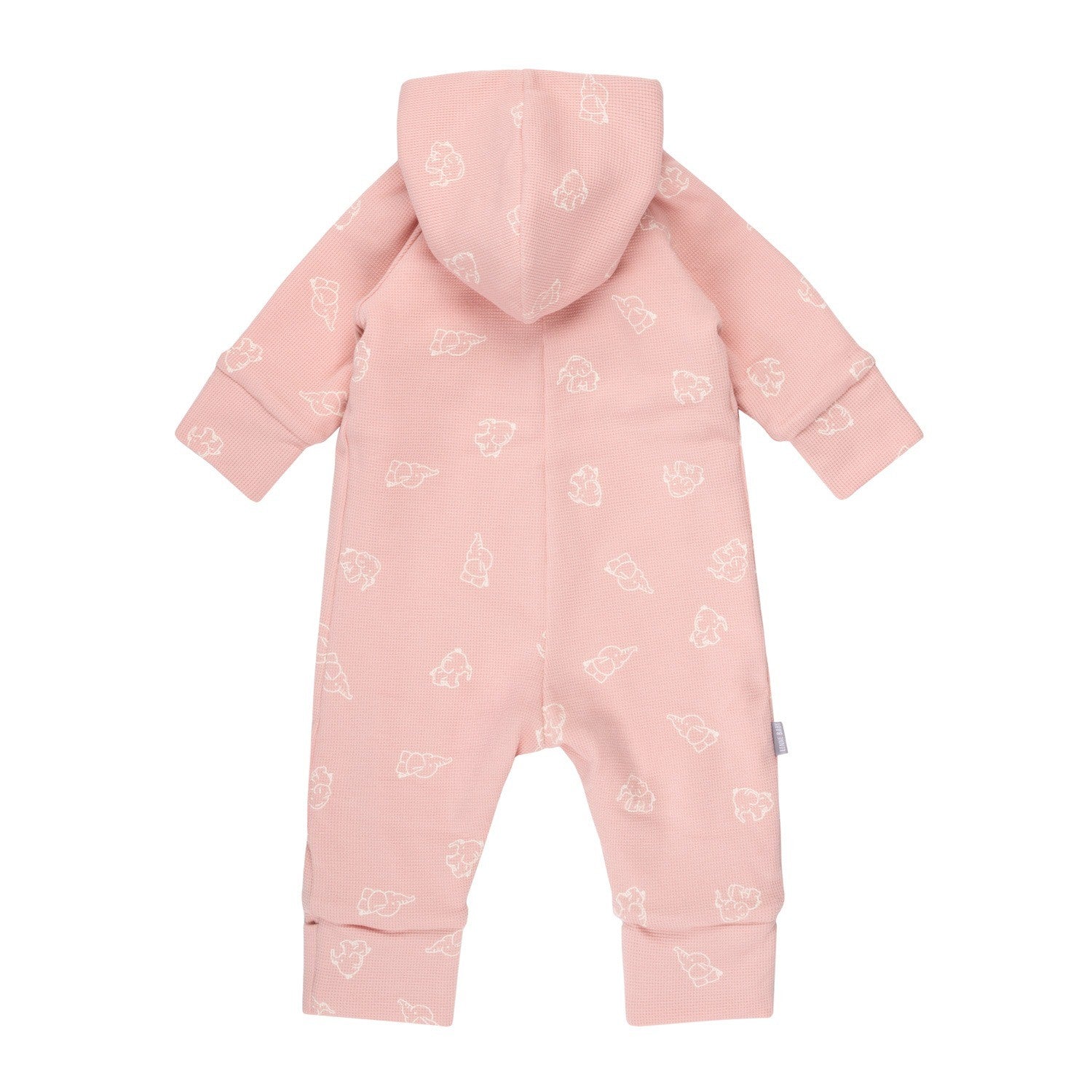 Dusty pink hooded fleece baby romper with elephants by Lenne, view 3