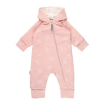 Dusty pink hooded fleece baby romper with elephants by Lenne