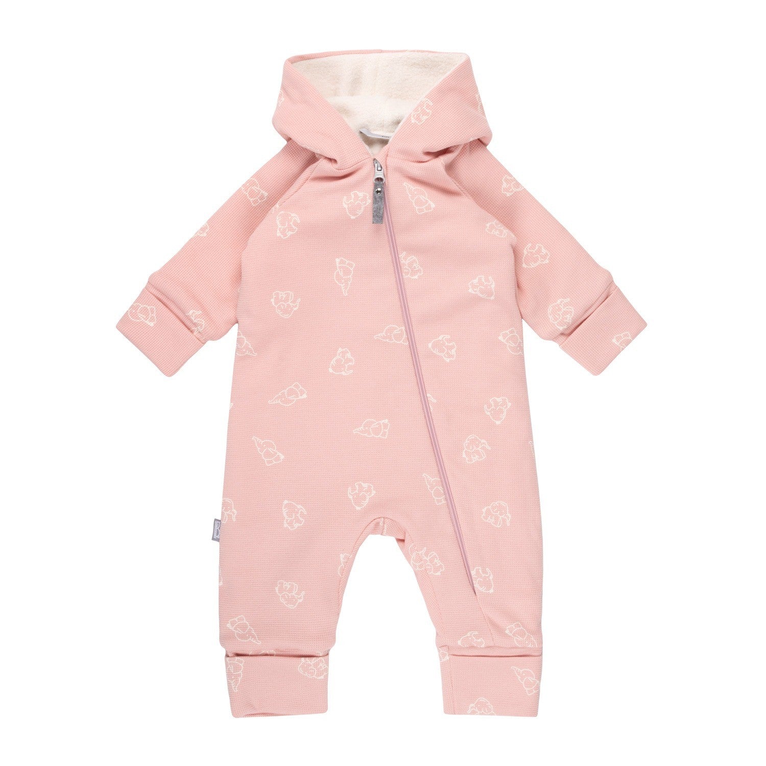 Dusty pink hooded fleece baby romper with elephants by Lenne