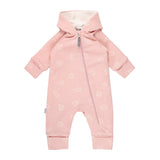 Dusty pink hooded fleece baby romper with elephants by Lenne