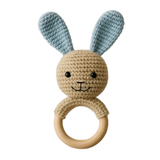 Handmade Baby Bunny Rattle, Blue Wooden Ring Toy