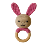 Handmade Baby Bunny Rattle, Pink Wooden Ring Toy
