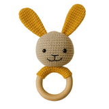 Handmade Baby Bunny Rattle, Yellow Wooden Ring Toy