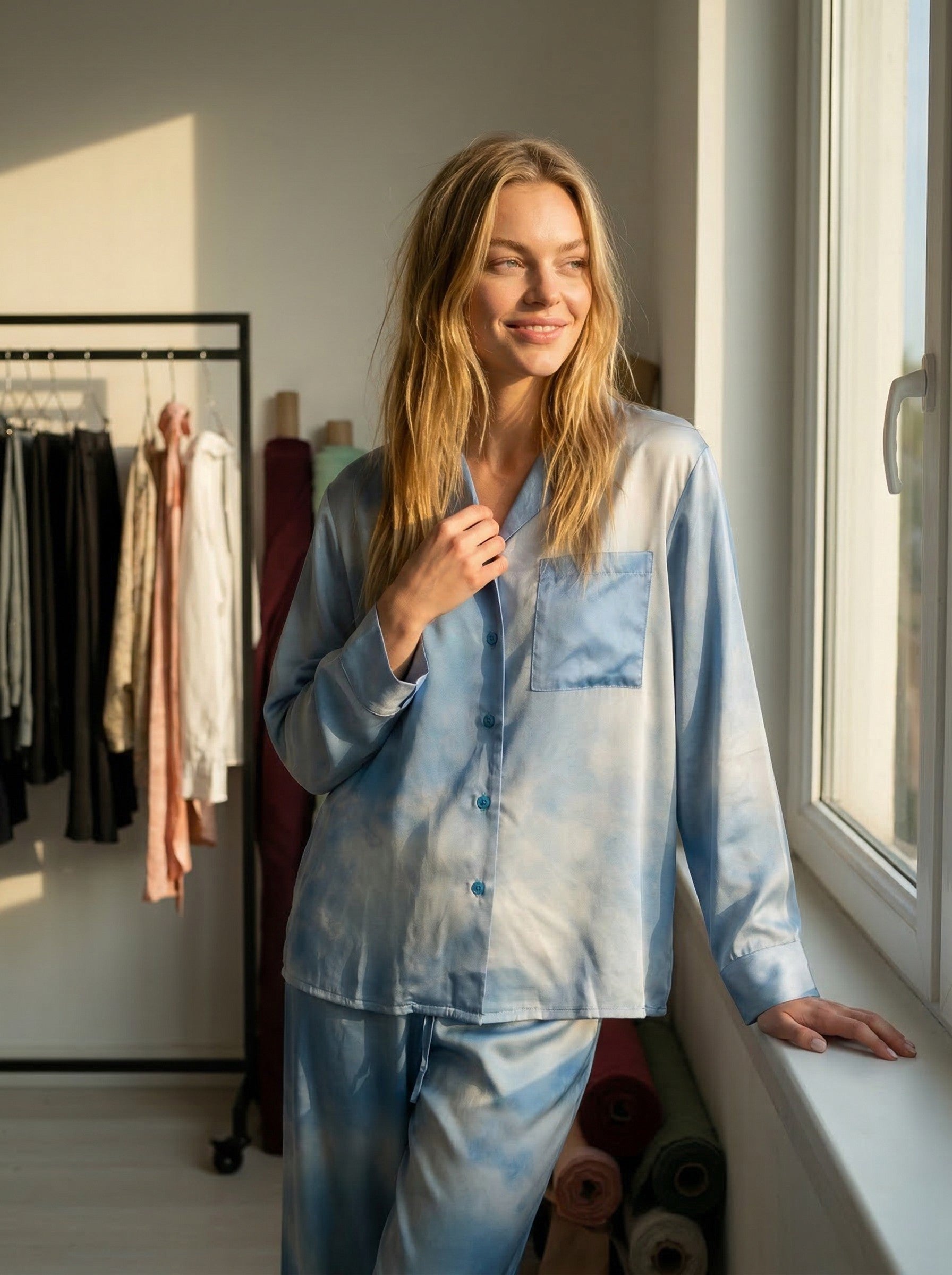 Skjortan till Tæwas Blue Sky sidenpyjamas med bröstficka och knäppning, vid fönstret