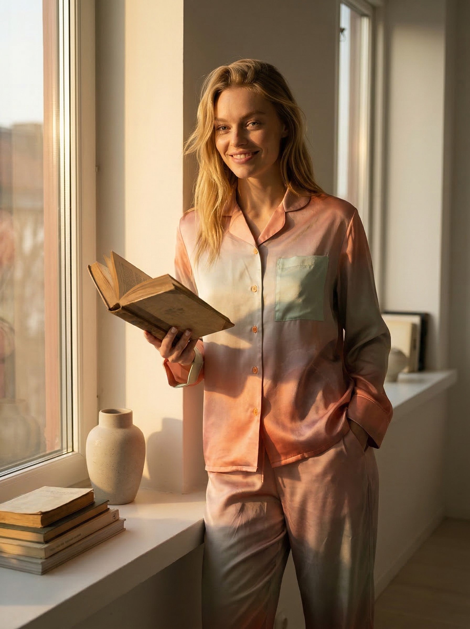 Tæwas Sunset silk pyjama set worn while reading a book by the window