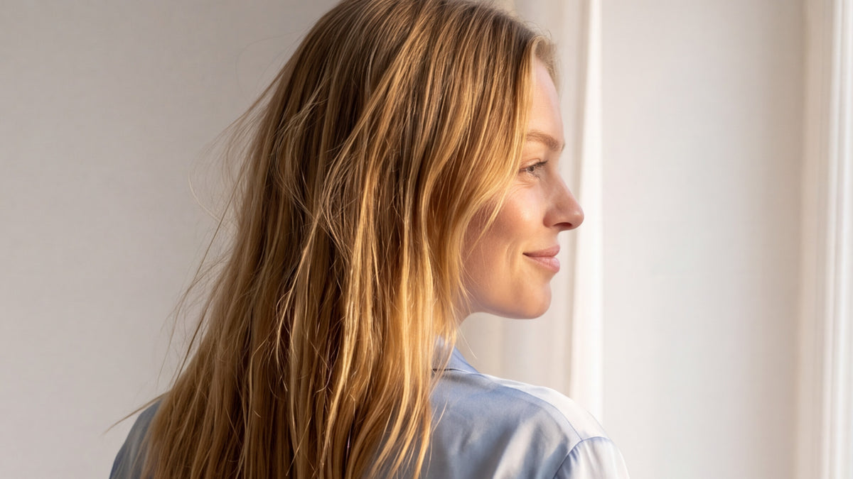 Woman by a window in the Tæwas Blue Sky silk pyjama shirt, 100% mulberry silk designed by Tanel Veenre