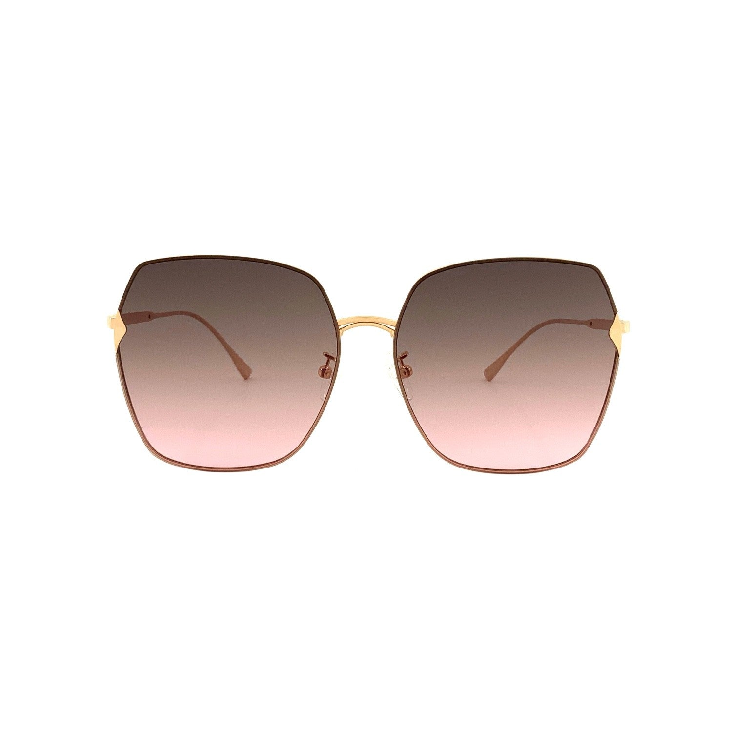 Hexagonal sunglasses in gold with grey to pink gradient lenses, front view