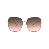Hexagonal sunglasses in gold with grey to pink gradient lenses, front view