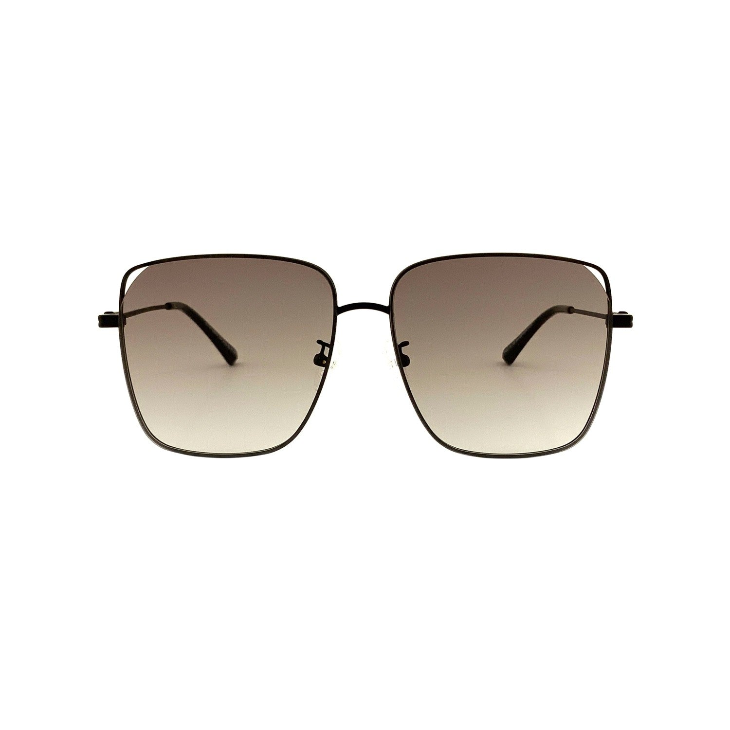 Oversized square sunglasses in black with brown gradient lenses, front view