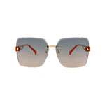 Rimless square sunglasses in gold and orange with blue to orange gradient lenses, front view