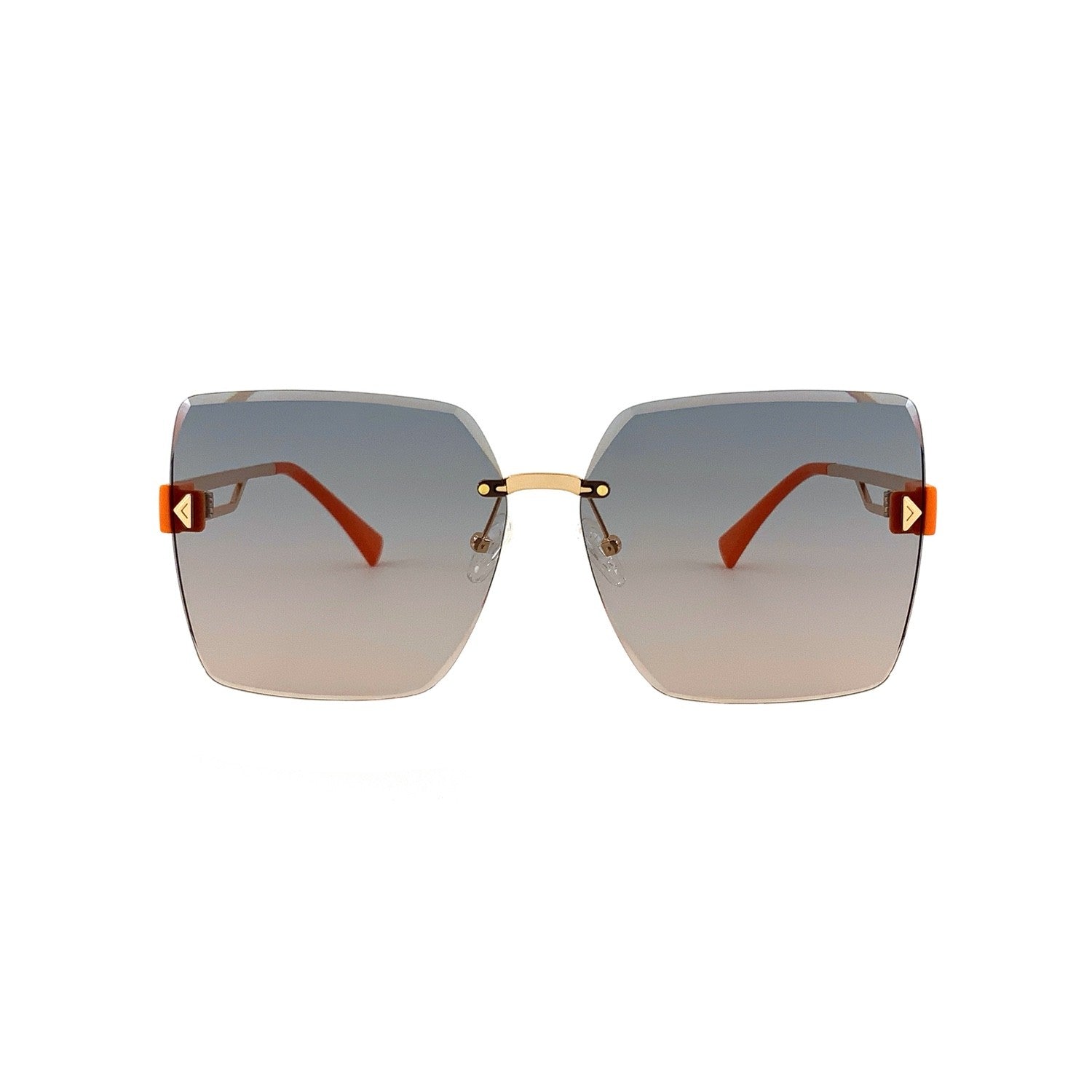 Rimless square sunglasses in gold and orange with blue to orange gradient lenses, front view