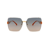 Rimless square sunglasses in gold and orange with blue to orange gradient lenses, front view
