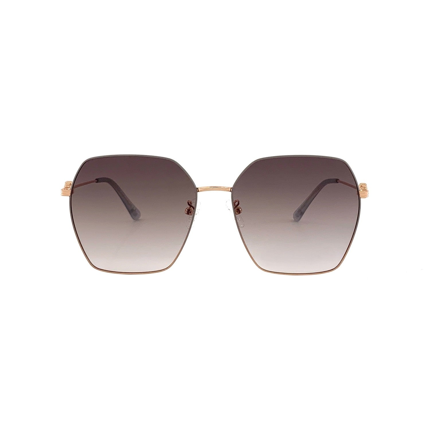 Hexagonal sunglasses in gold and beige with brown gradient lenses, front view