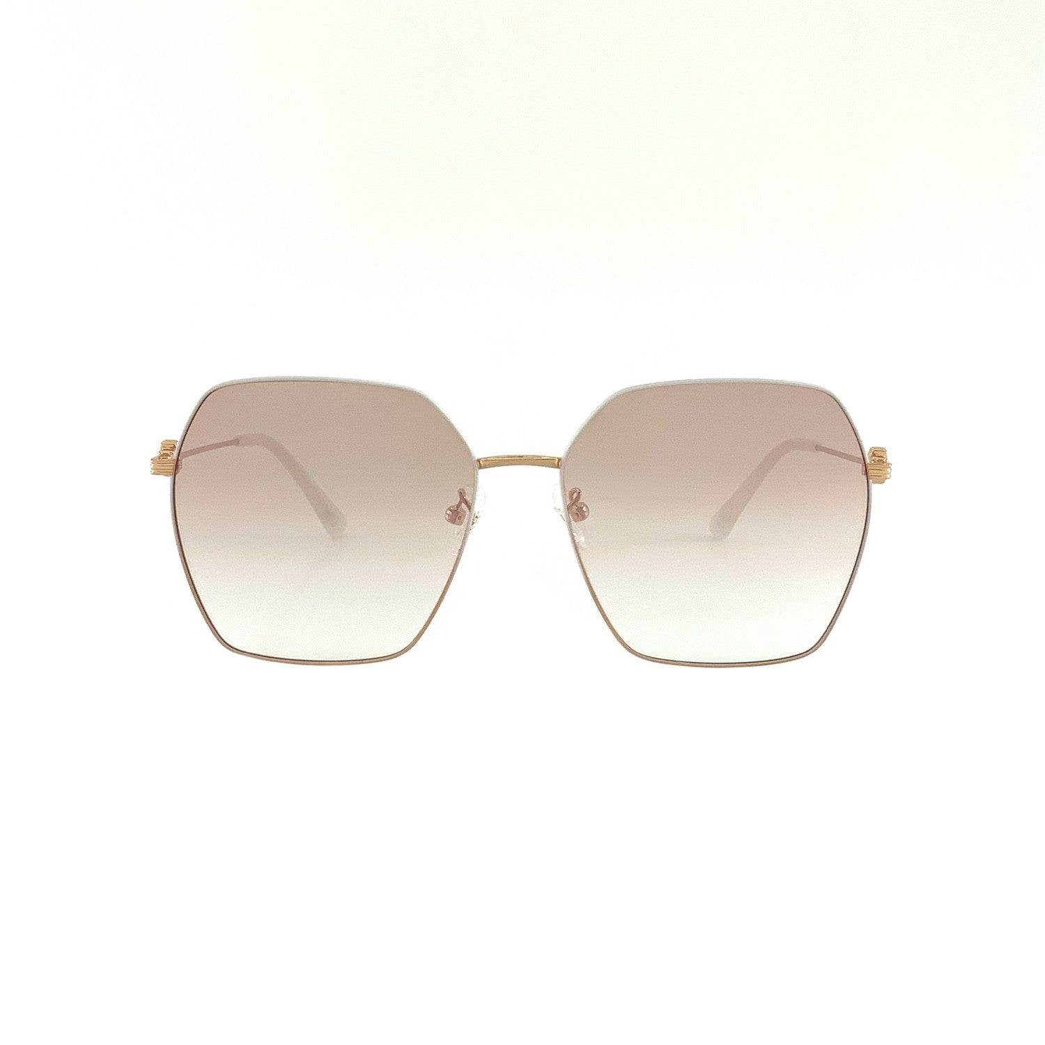 Hexagonal sunglasses in gold and white with light brown flash mirror lenses, front view