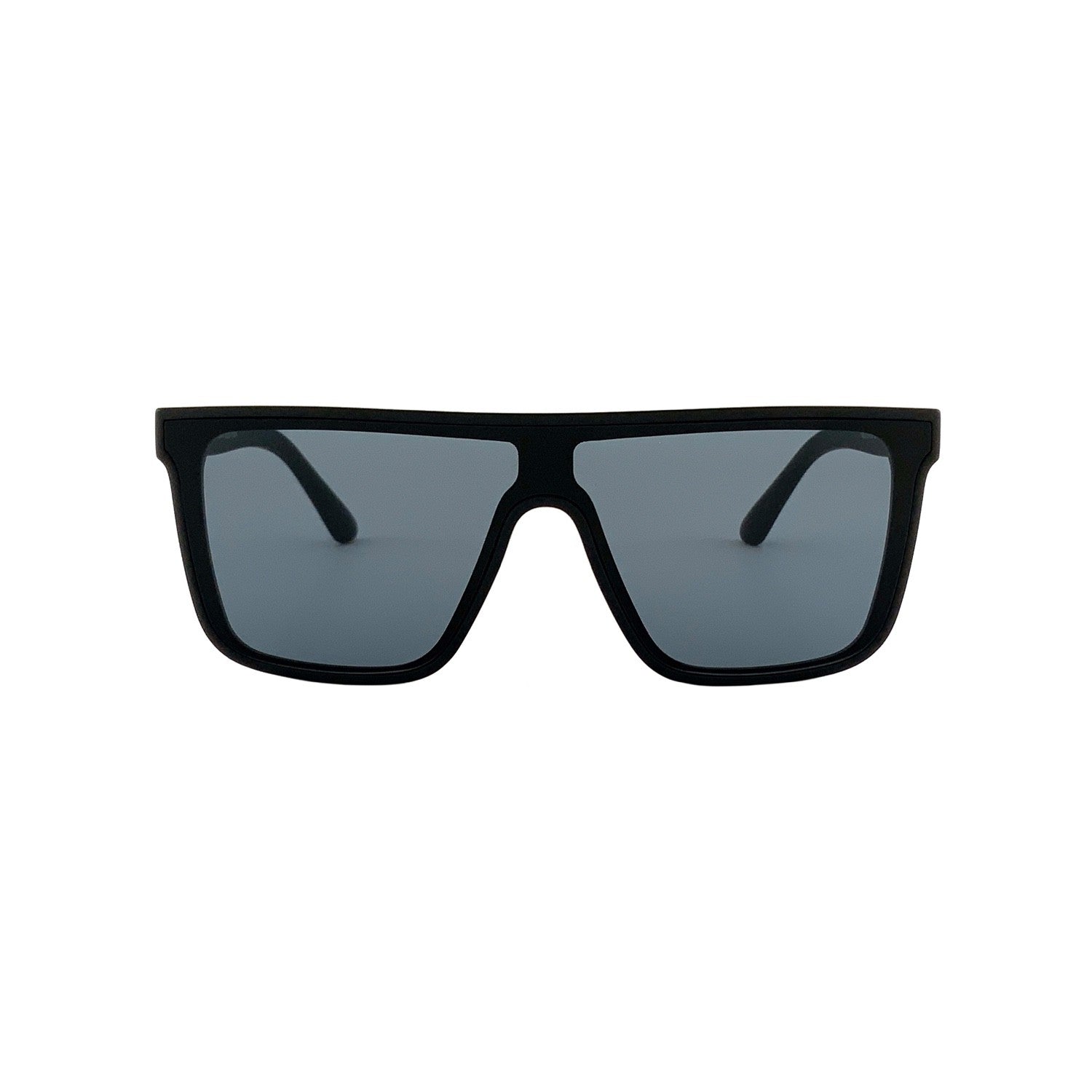 Shield sunglasses in matte black with grey lenses, front view