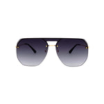 Rimless navigator sunglasses in gold with grey gradient lenses, front view