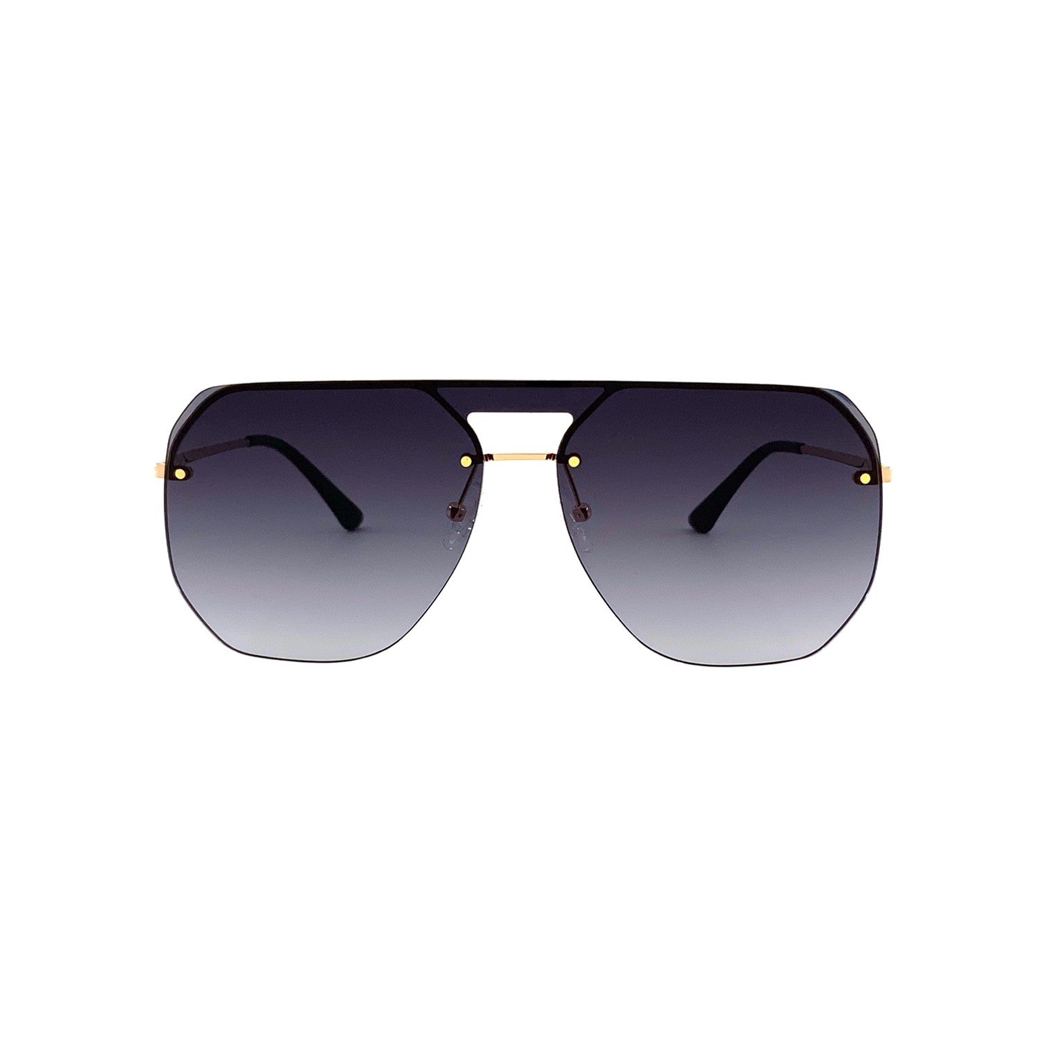 Rimless navigator sunglasses in gold with grey gradient lenses, front view