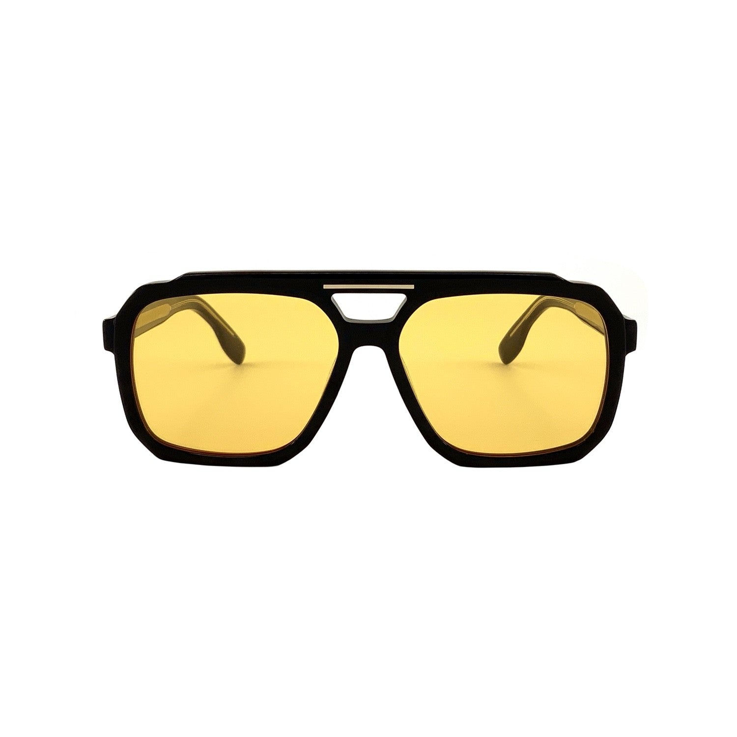 Navigator sunglasses in black with yellow lenses, front view