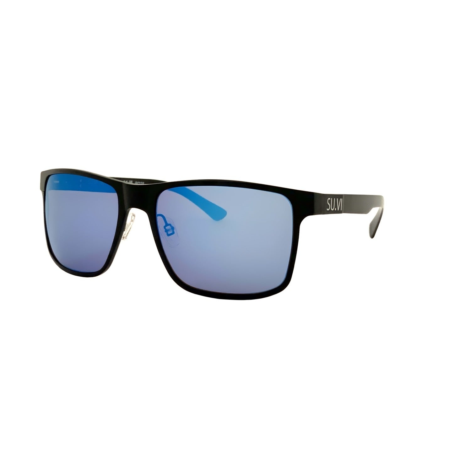 Rectangular Sunglasses, Matte Black, Blue Mirror, image 2 of 4