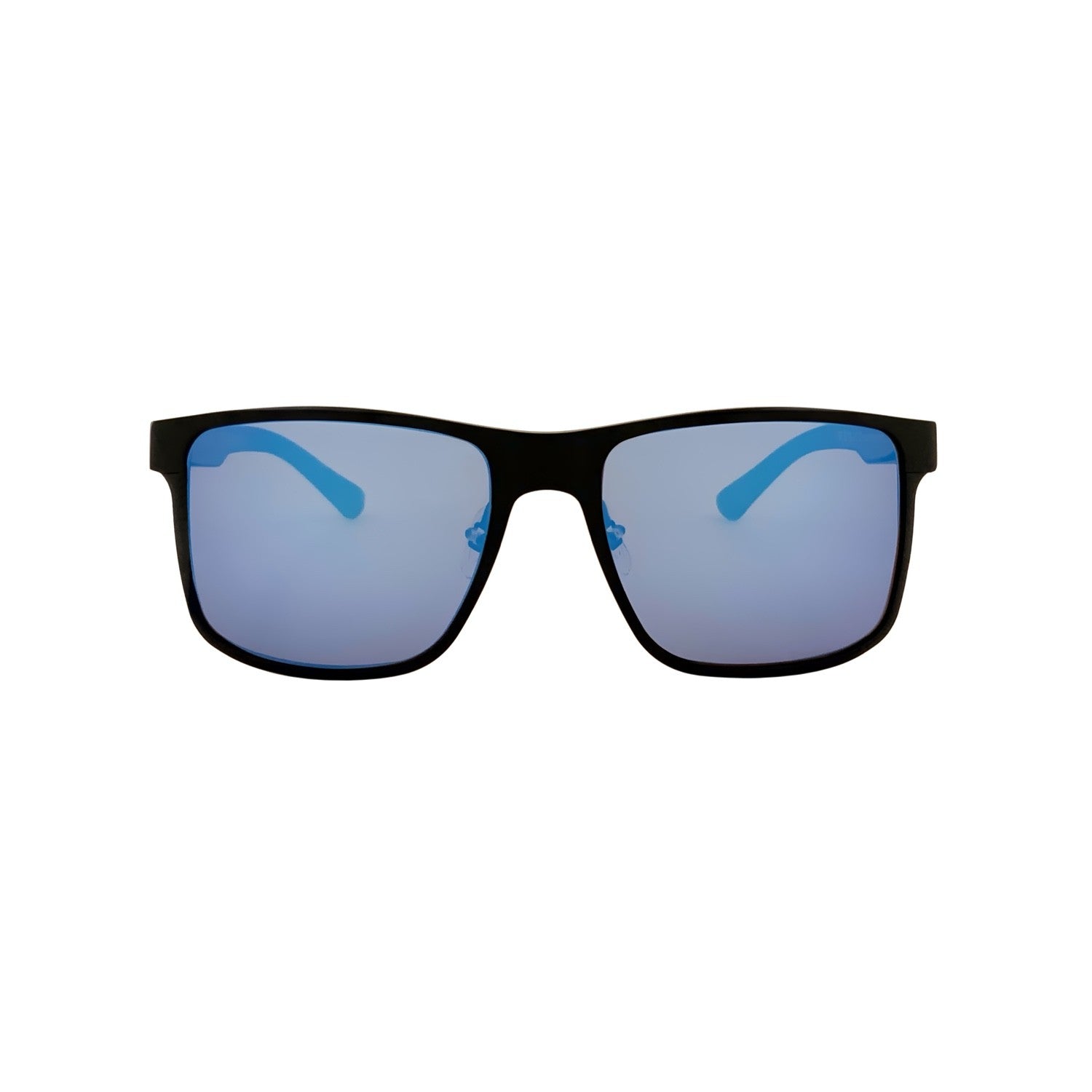 Rectangular sunglasses in matte black with blue mirror lenses, front view