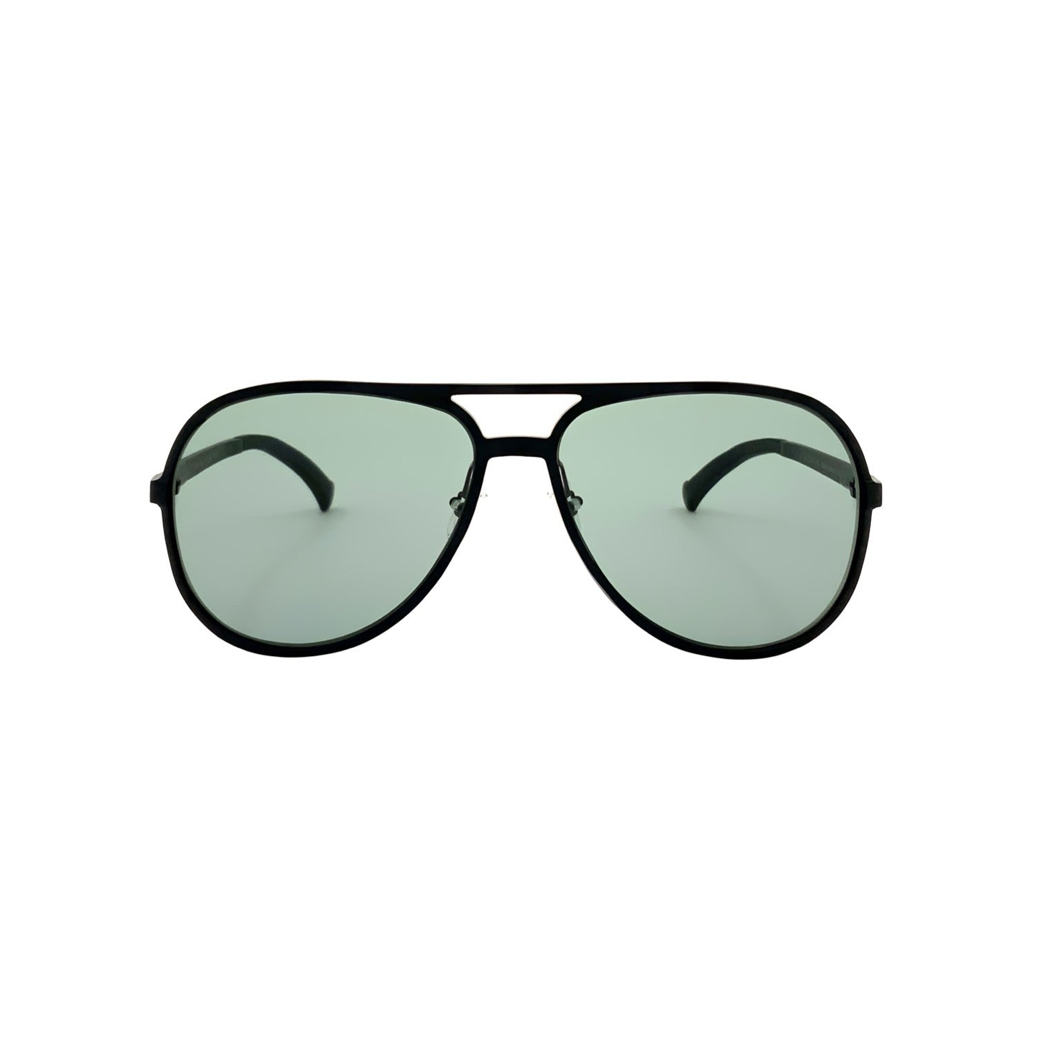 Aviator sunglasses in matte black with green lenses, front view