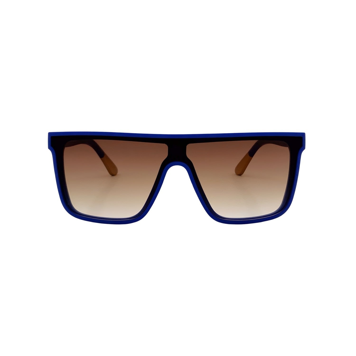 Shield sunglasses in matte blue with brown gradient lenses, front view