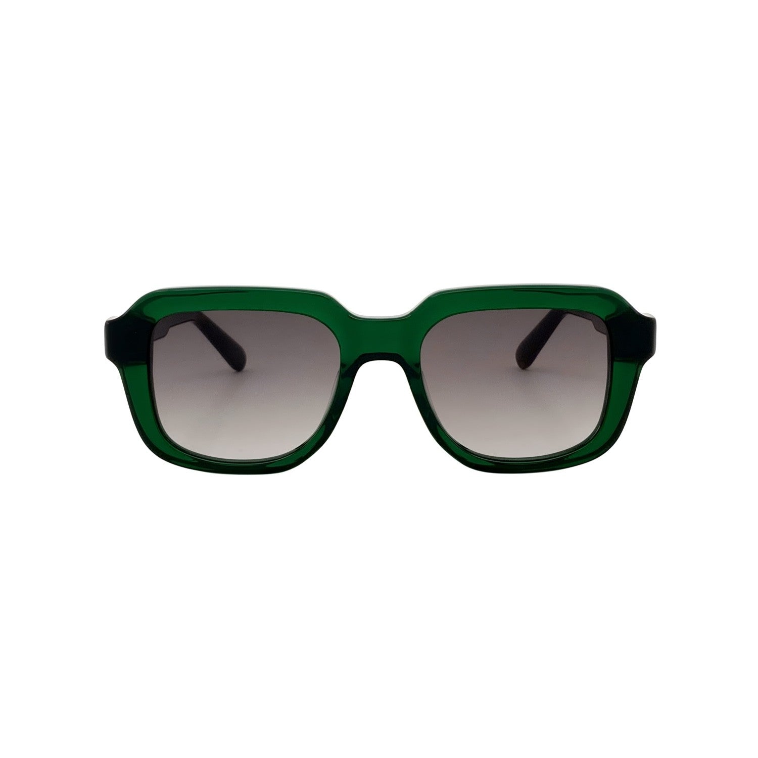 Rectangular sunglasses in green with grey gradient lenses, front view