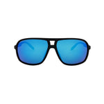 Polarised navigator sunglasses in matte black with blue mirror lenses, front view