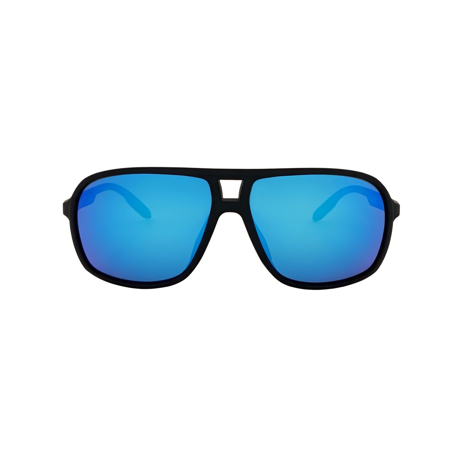 Polarised navigator sunglasses in matte black with blue mirror lenses, front view