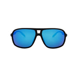 Polarised navigator sunglasses in matte black with blue mirror lenses, front view