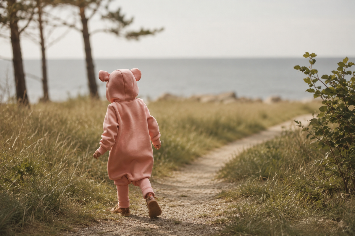 Toddler in a pink hooded jumpsuit with ears walking along a coastal path