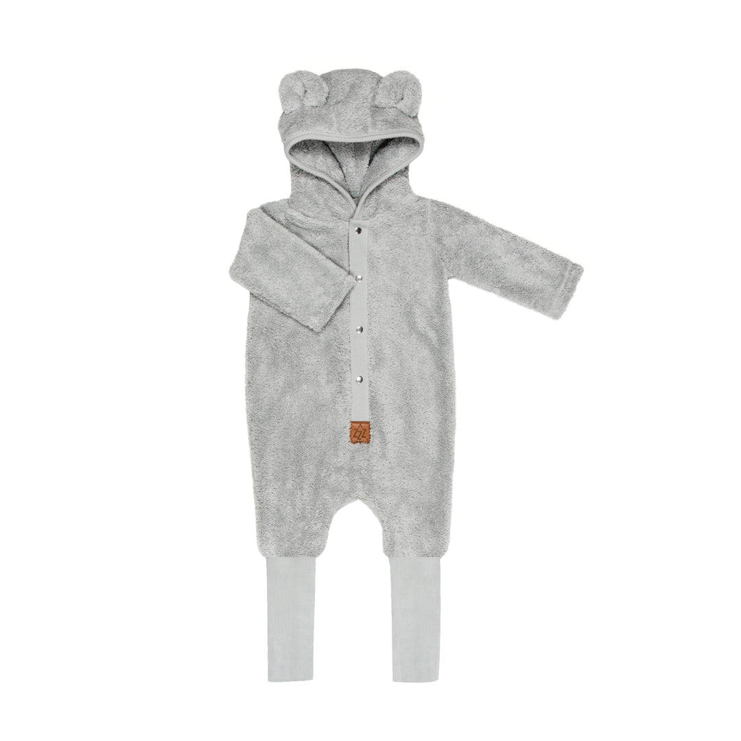Pale brushed grey hooded baby romper, shown flat with the eared hood