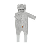 Pale brushed grey hooded baby romper, shown flat with the eared hood