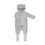 Pale brushed grey hooded baby romper, shown flat with the eared hood
