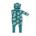Deep teal hooded baby romper printed with cream horse chestnut leaves, shown flat