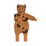 Light cinnamon hooded baby romper printed with dark brown squirrels, shown flat